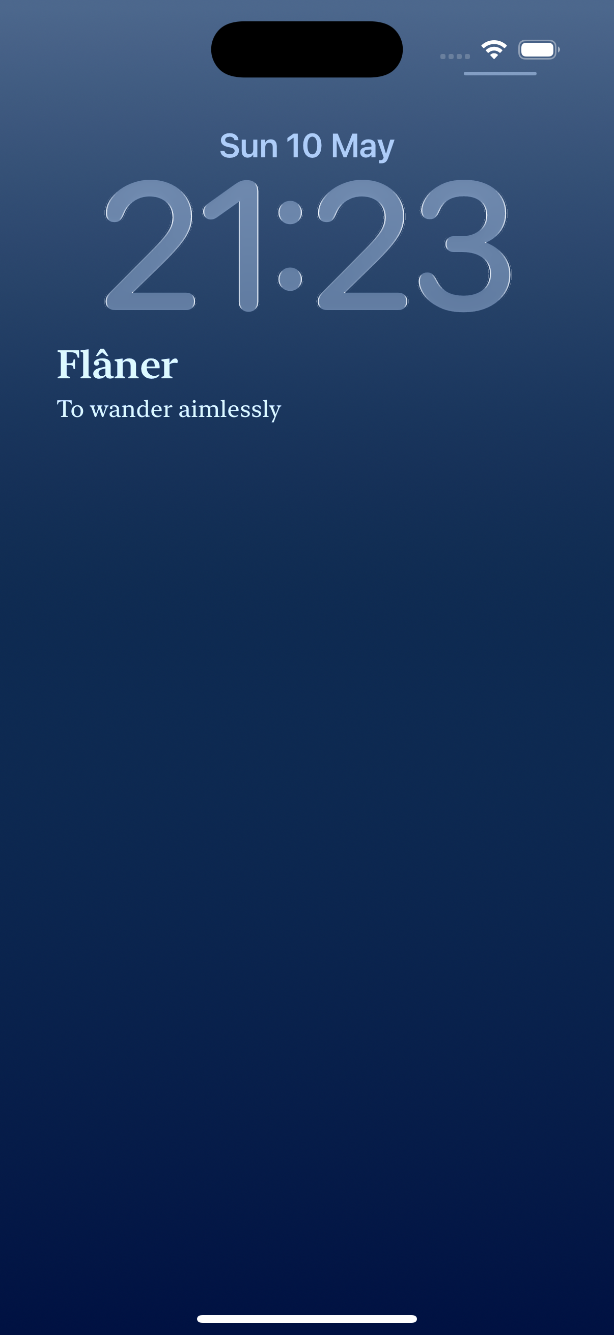 ByteLingual lock screen showing the word Flâner — to wander aimlessly